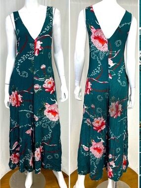Anthropologie Jaase Sleeveless Teal Floral Bird V-Neck Maxi jumper wide leg XS